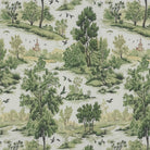 Woodland Green cotton curtain fabric in Forest Green showing scenic rural landscape with trees and birds