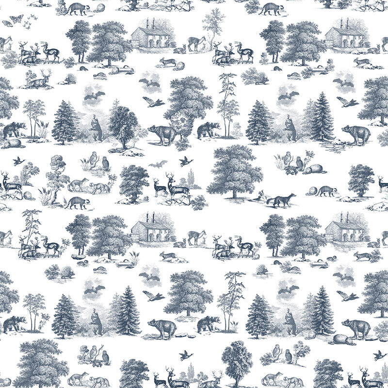 Woodland Toile Blue and White curtain fabric with detailed navy woodland illustrations on a crisp white background