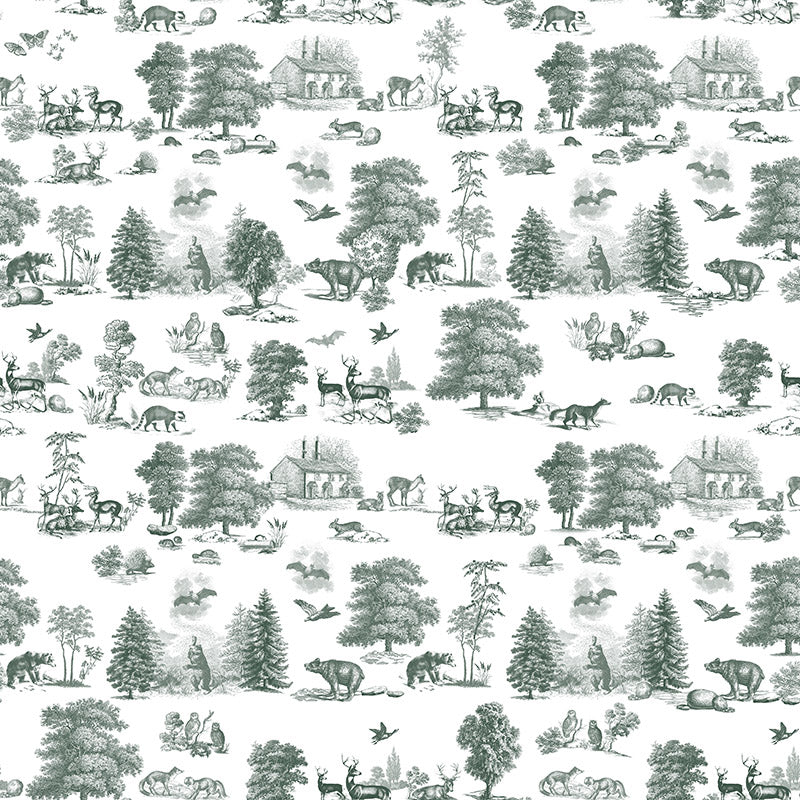 Woodland Toile Green and White washable fabric with finely drawn forest wildlife on a fresh white background