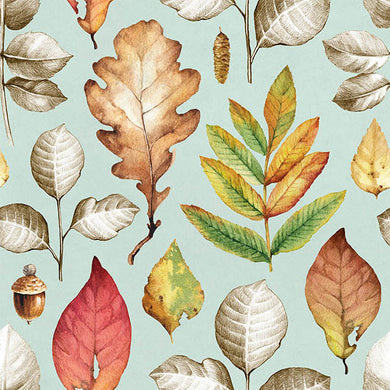 Acorns and leaves cotton curtain fabric in lagoon blue shade