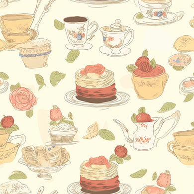 Afternoon Tea Cotton Curtain Fabric - Cream swatch draped over window