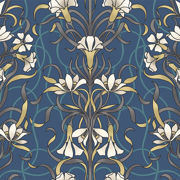 Agatha Cotton Curtain Fabric - Navy with modern geometric pattern