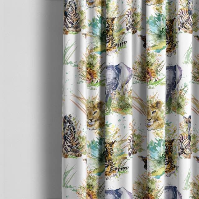 Cotton curtain fabric with a whimsical design of cute animals in a nursery