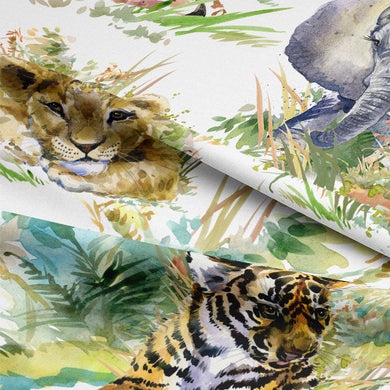 Cotton curtain fabric with a variety of adorable animals in vibrant colors