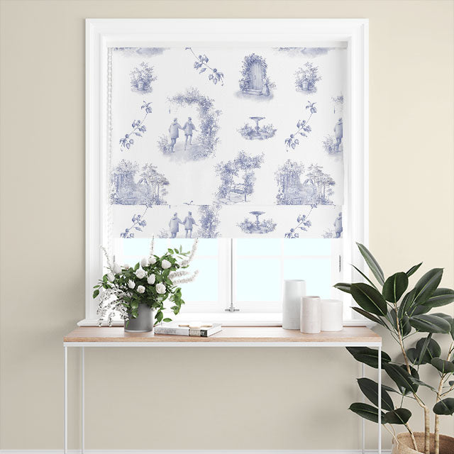 Blue Aquitaine Toile Cotton Curtain Fabric, a timeless and versatile choice for window treatments