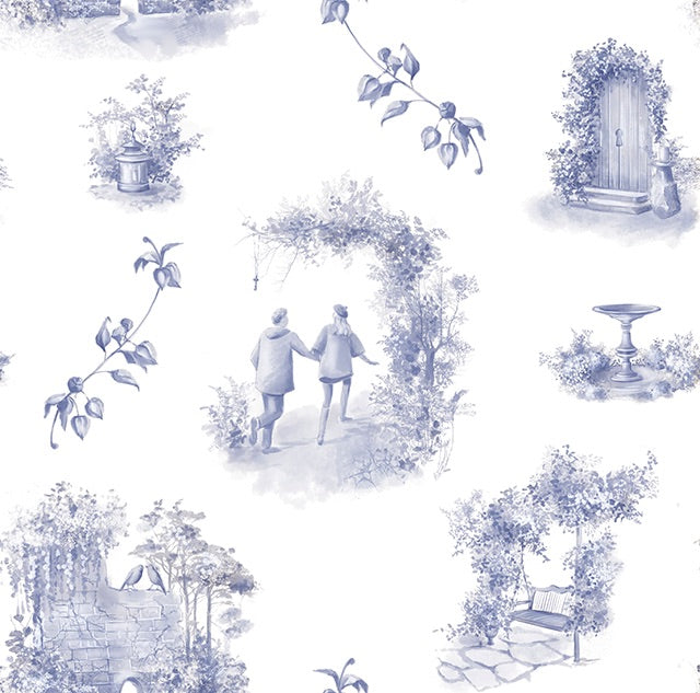 Aquitaine Toile Cotton Curtain Fabric in Blue, a classic and elegant design for home decor