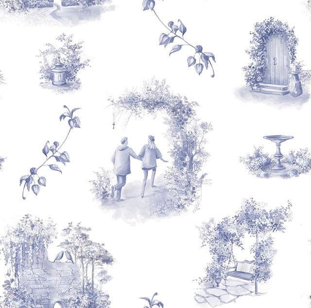 Aquitaine Toile Cotton Curtain Fabric in Blue, a classic and elegant design for home decor