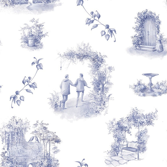 Aquitaine Toile Cotton Curtain Fabric in Blue, a classic and elegant design for home decor