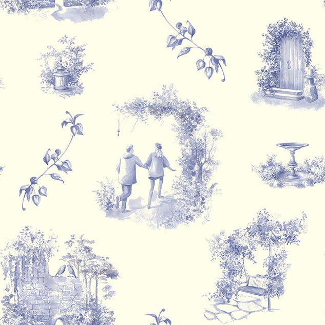 Blue and ivory Aquitaine Toile cotton curtain fabric, perfect for elegant home decor