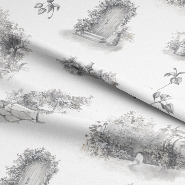  High-quality Aquitaine Toile Cotton Curtain Fabric in Grey, ideal for creating a timeless and elegant look in your home
