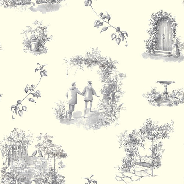 A close-up image of the Aquitaine Toile Cotton Curtain Fabric in Grey Ivory, showcasing its intricate floral pattern and soft texture
