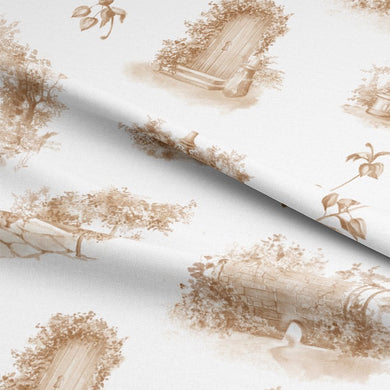Close-up of Aquitaine Toile Cotton Curtain Fabric in Sepia, showcasing the intricate detail and texture of the fabric, ideal for creating a timeless and luxurious window treatment