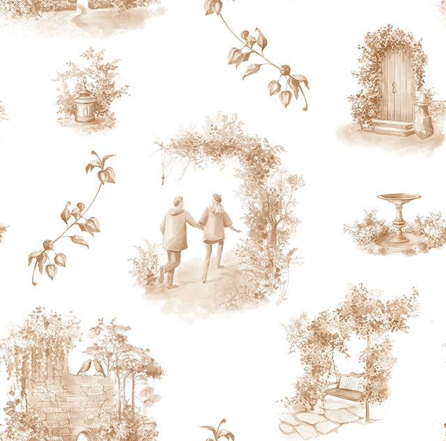 Aquitaine Toile Cotton Curtain Fabric in Sepia, a rich and elegant fabric with a classic toile design in warm sepia tones, perfect for adding a touch of sophistication to any room decor
