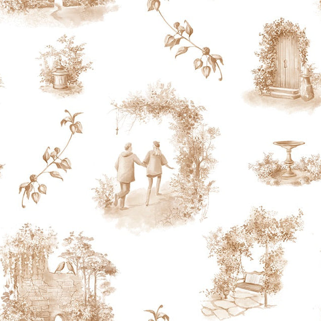 Aquitaine Toile Cotton Curtain Fabric in Sepia, a rich and elegant fabric with a classic toile design in warm sepia tones, perfect for adding a touch of sophistication to any room decor