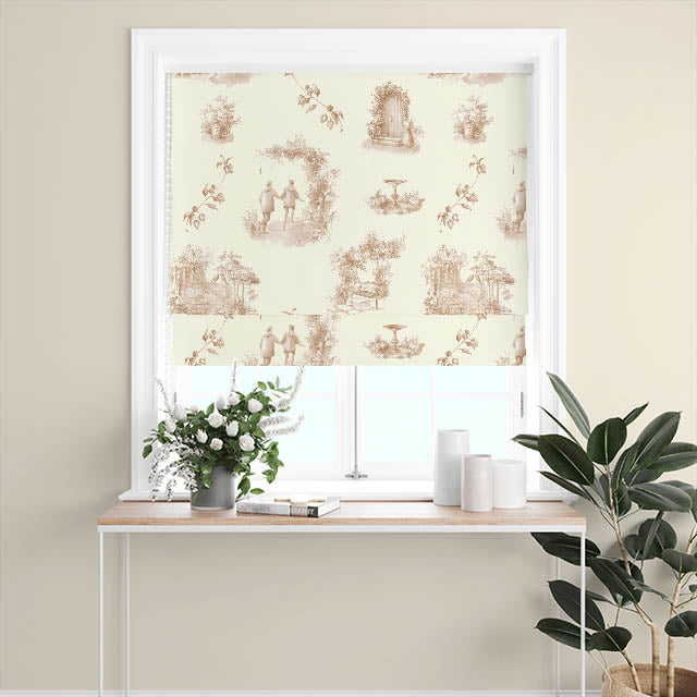 A beautiful drapery made of Aquitaine Toile Cotton Curtain Fabric in Sepia Ivory, enhancing the room with its timeless design and natural color palette