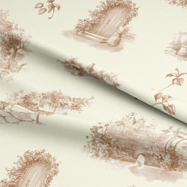 A stylish room showcasing Aquitaine Toile Cotton Curtain Fabric in Sepia Ivory, adding warmth and elegance to the space