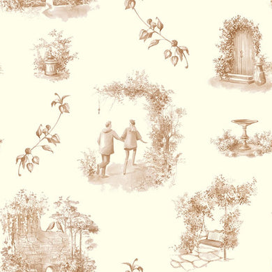 A close-up of Aquitaine Toile Cotton Curtain Fabric in Sepia Ivory with intricate floral patterns and a soft, smooth texture