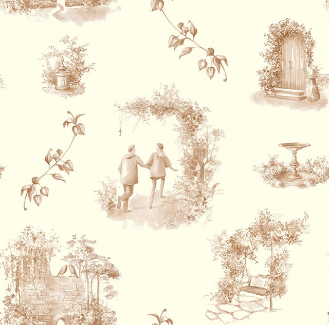 A close-up of Aquitaine Toile Cotton Curtain Fabric in Sepia Ivory with intricate floral patterns and a soft, smooth texture