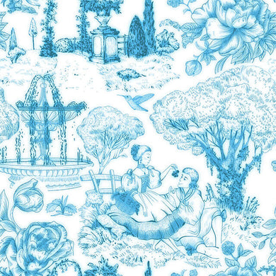 Auvergne Toile De Jouy Fabric in Azure, featuring intricate pastoral and floral scenes