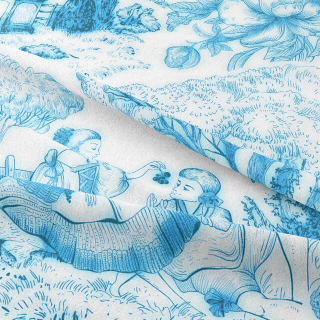 Elegant and timeless Auvergne Toile De Jouy Fabric in Azure, perfect for upholstery and drapery