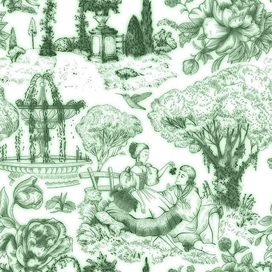 Auvergne Toile De Jouy Fabric in Green, a classic French fabric with pastoral scenes and floral motifs