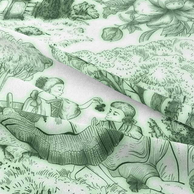 Traditional Auvergne Toile De Jouy Fabric in Green, featuring intricate patterns and charming countryside scenes