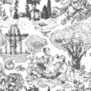Auvergne Toile De Jouy Fabric in Grey, featuring classic French countryside scenes