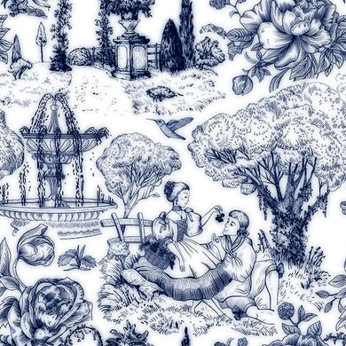 Auvergne Toile De Jouy Fabric in Indigo with intricate floral and pastoral scenes