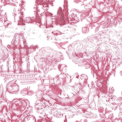 Auvergne Toile De Jouy Fabric - Pink featuring delicate floral patterns in shades of pink and cream on a light background with a traditional French country design