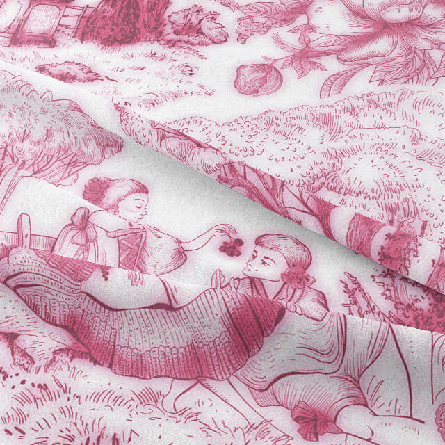  Elegant Auvergne Toile De Jouy Fabric - Pink with a vintage-inspired print of pastoral scenes and floral motifs in soft shades of pink and white