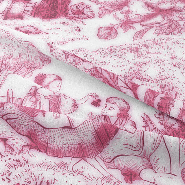 Elegant Auvergne Toile De Jouy Fabric - Pink with a vintage-inspired print of pastoral scenes and floral motifs in soft shades of pink and white