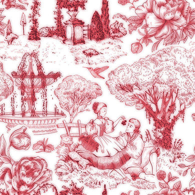 Auvergne Toile De Jouy Fabric - Red with intricate floral and pastoral scenes