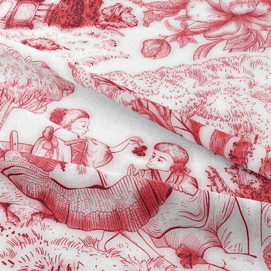 Vintage-inspired red Auvergne Toile De Jouy Fabric featuring charming countryside motifs