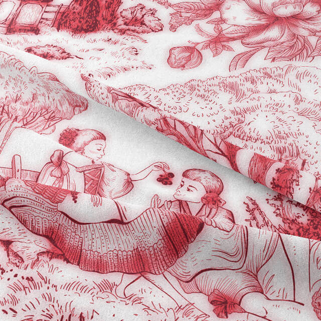 Vintage-inspired red Auvergne Toile De Jouy Fabric featuring charming countryside motifs