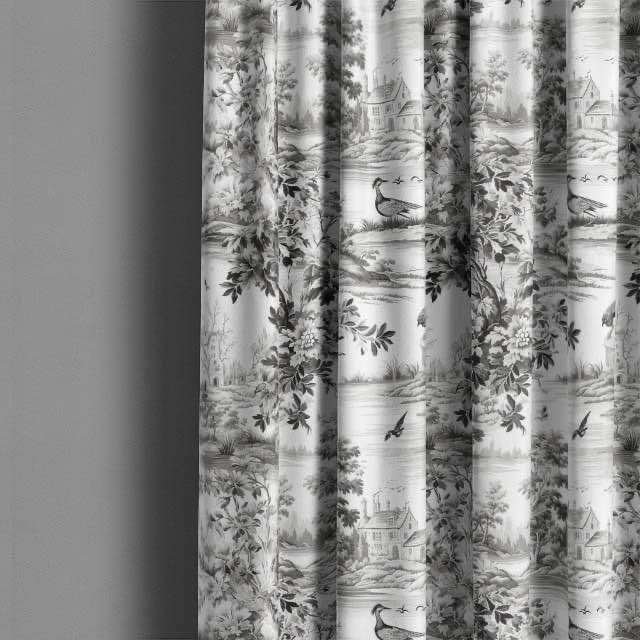 A length of the Avignon Toile Linen Curtain Fabric in black, showcasing its luxurious texture