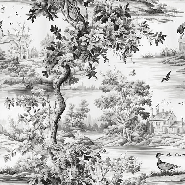Avignon Toile Linen Curtain Fabric - Black draped on a window in a cozy living room setting