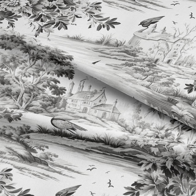 Close-up of the intricate black floral pattern on the Avignon Toile Linen Curtain Fabric