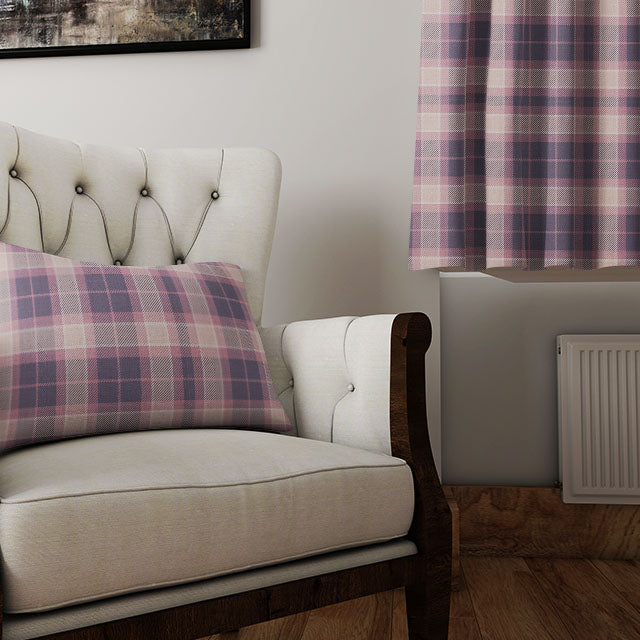 Awe Plaid Linen Curtain Fabric - Heather draping elegantly, creating a cozy and inviting atmosphere in a living space