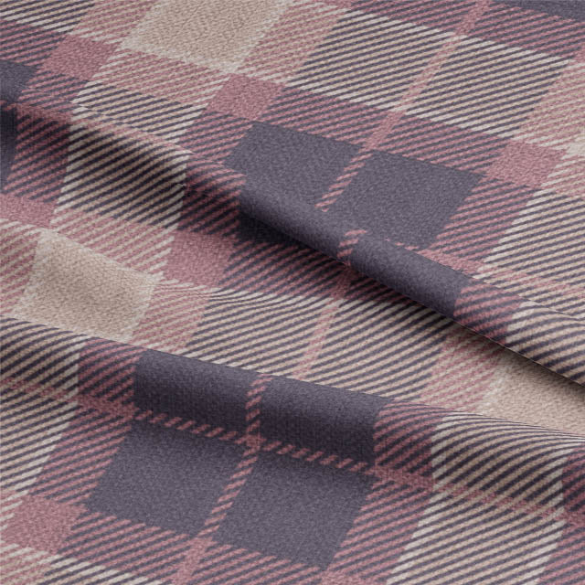 Close-up of Awe Plaid Linen Curtain Fabric - Heather, showcasing its intricate woven pattern and luxurious texture