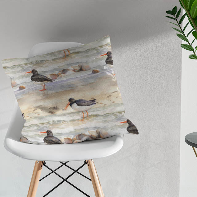 Black cotton fabric with beach bird pattern is ideal for window treatments