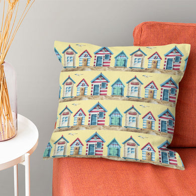 Handmade Beach Huts Cotton Curtain Fabric with charming beach hut design, ideal for coastal homes