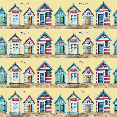 Beach Huts Cotton Curtain Fabric in vibrant chartreuse color, perfect for beach-themed decor