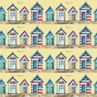 Beach Huts Cotton Curtain Fabric in vibrant chartreuse color, perfect for beach-themed decor
