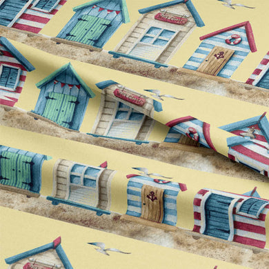 Close-up of Beach Huts Cotton Curtain Fabric, showcasing intricate woven details