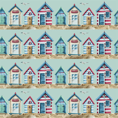 Beach Huts Cotton Curtain Fabric - Duck Egg in light blue color with white beach hut design