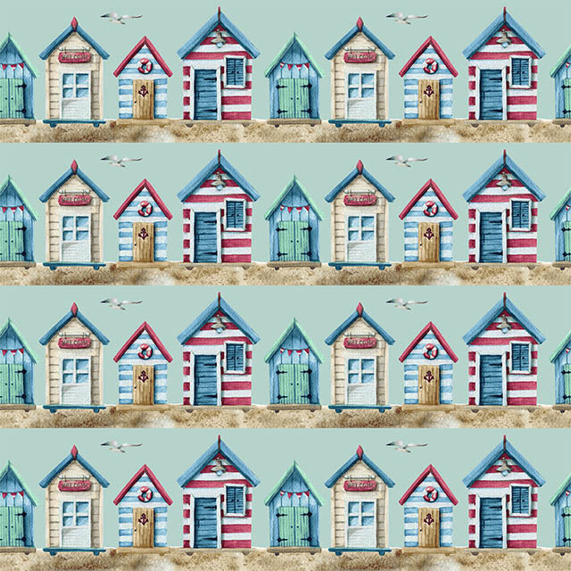 Beach Huts Cotton Curtain Fabric - Duck Egg in light blue color with white beach hut design