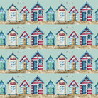 Beach Huts Cotton Curtain Fabric - Duck Egg in light blue color with white beach hut design