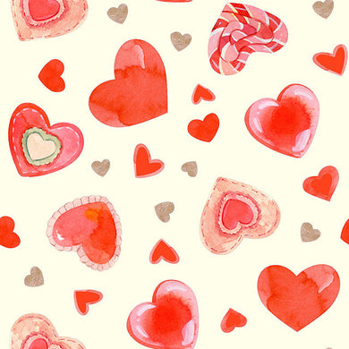 Close-up image of red Big Heart Cotton Curtain Fabric, showcasing intricate heart pattern and soft, natural texture