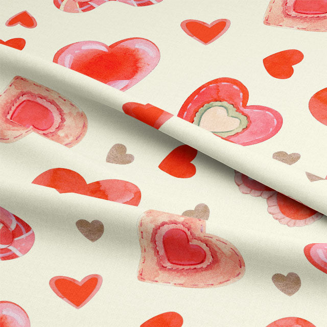 Red cotton curtain fabric with large heart pattern, suitable for creating cozy and inviting window treatments