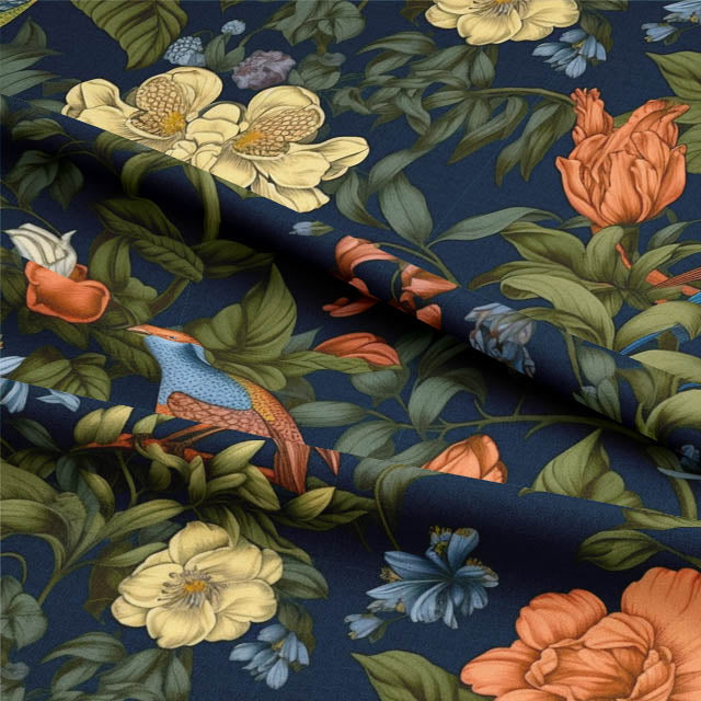 Richdan Bird Linen Curtain Fabric - Midnight: A beautiful, rich blue linen fabric with bird motifs ideal for elegant curtains